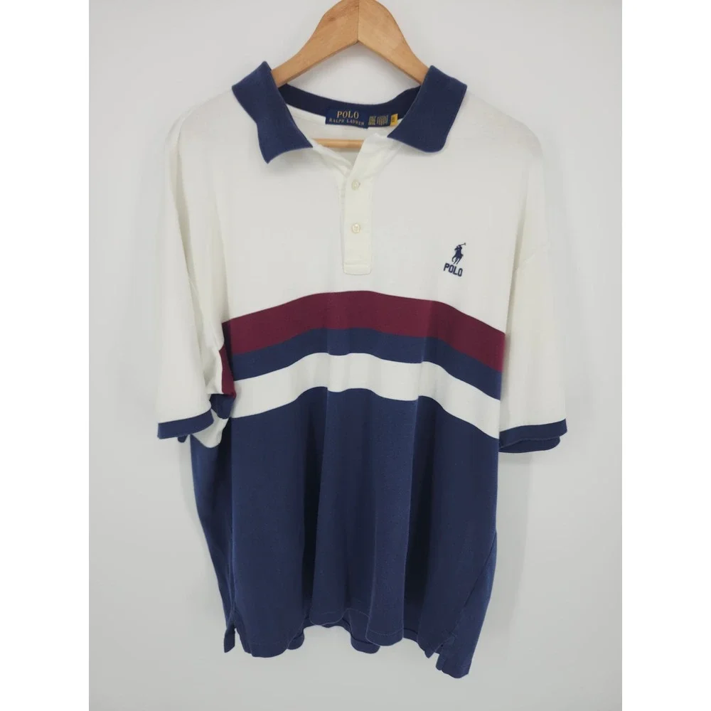 Polo Ralph Lauren Mens 2XLT Colorblock Striped Polo Shirt White Blue Burgundy